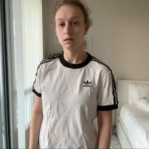 White and Black Adidas Stripe Tshirt S